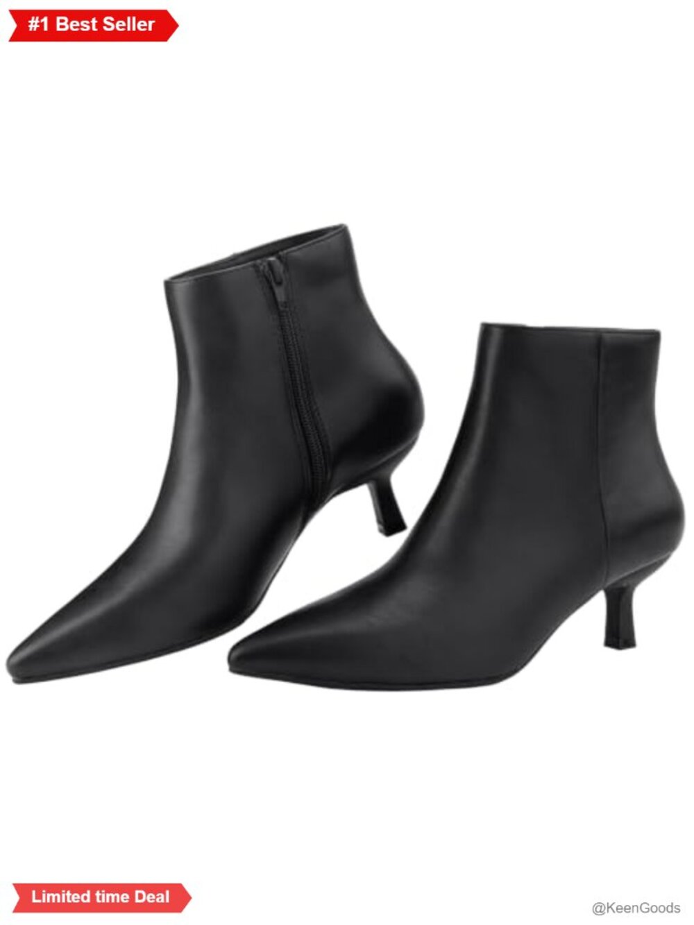 Pointed Toe Kitten Heel Ankle Booties Faux Leather Side Zip Memory Foam